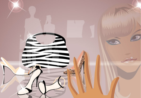 时尚橱窗物品与女孩矢量素材