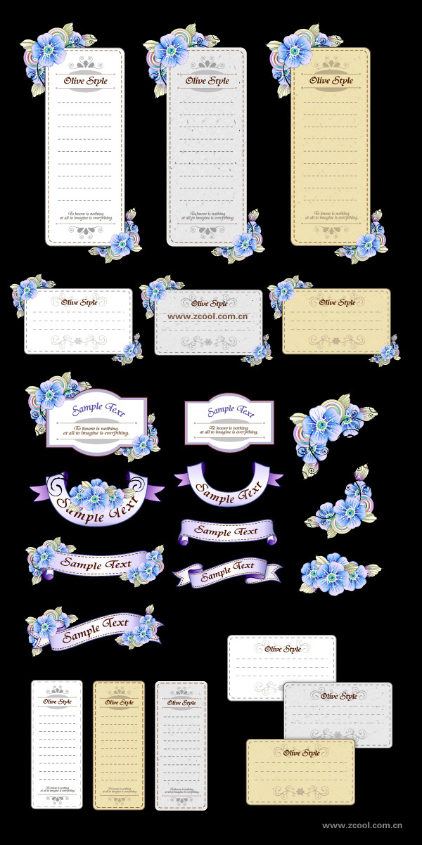 丝带卡片与手绘花卉矢量素材（蓝）