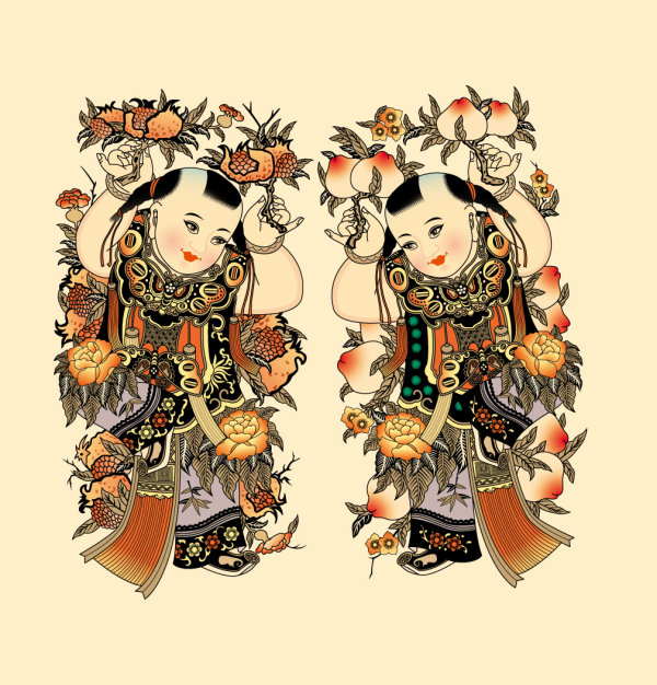 中国传统童子祝寿矢量素材