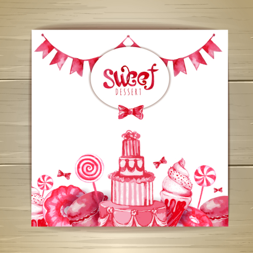 Pink watercolor dessert card vector material