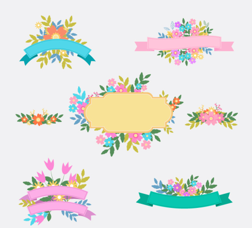 5 flowers decorative ribbon vector material