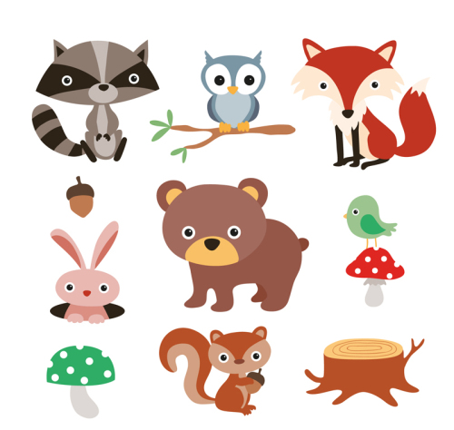 9 cartoon forest animals and plants vector material