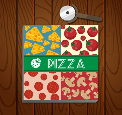 Delicious pizza takeaway box vector material